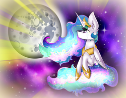 Size: 3029x2359 | Tagged: safe, artist:lightningflash26, princess celestia, g4, crepuscular rays, crying, female, high res, mare in the moon, moon, solo, space
