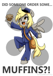 Size: 441x624 | Tagged: safe, artist:senpaimisskitty, derpy hooves, anthro, g4, ambiguous facial structure, clothes, female, mailbag, mailmare, muffin, solo, uniform