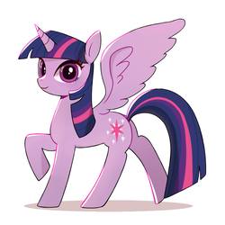 Size: 1000x1000 | Tagged: dead source, safe, artist:9seconds, twilight sparkle, alicorn, pony, g4, female, looking at you, mare, raised hoof, simple background, smiling, solo, spread wings, twilight sparkle (alicorn), white background