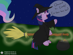 Size: 4500x3375 | Tagged: safe, artist:bri-sta, artist:wodahseht, princess celestia, twilight sparkle, spider, g4, broom, candy, cauldron, clothes, costume, cute, dialogue, filly, filly twilight sparkle, flying, flying broomstick, halloween, hat, levitation, magic, night, nightmare night, offscreen character, open mouth, smiling, stars, telekinesis, trick or treat, twiabetes, witch, witch hat