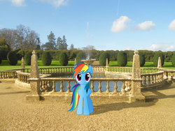 Size: 2048x1536 | Tagged: safe, artist:harvydraws, rainbow dash, g4, fountain, irl, photo, ponies in real life, pose, smiling, solo