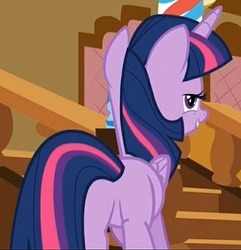 Size: 562x583 | Tagged: safe, screencap, twilight sparkle, alicorn, pony, g4, the one where pinkie pie knows, butt, cropped, female, folded wings, lidded eyes, looking at you, mare, out of context, plot, smiling, solo, staircase, stairs, twibutt, twilight sparkle (alicorn), wings