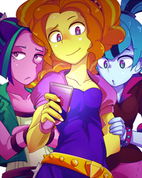 Size: 700x875 | Tagged: safe, artist:tsukusun, adagio dazzle, aria blaze, sonata dusk, equestria girls, g4, :o, cellphone, phone, pixiv, the dazzlings