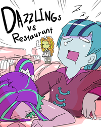 Size: 700x875 | Tagged: safe, artist:tsukusun, adagio dazzle, aria blaze, sonata dusk, equestria girls, g4, pixiv, restaurant, sleeping, the dazzlings, waitress, zzz