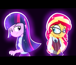 Size: 2223x1899 | Tagged: dead source, safe, artist:artypaints, sunset shimmer, twilight sparkle, equestria girls, g4, my little pony equestria girls: friendship games, alternate universe, clothes, clothes swap, crystal prep academy uniform, duo, glasses, role reversal, school uniform