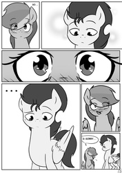 Size: 753x1061 | Tagged: safe, artist:lrusu, rainbow dash, soarin', pony, comic:rainbow crush, g4, blushing, comic, female, male, monochrome, ship:soarindash, shipping, straight