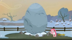 Size: 1670x931 | Tagged: safe, screencap, pinkie pie, earth pony, pony, g4, hearthbreakers, discovery family logo, female, holder's boulder, mare, raised hoof, rock, saddle bag, snow, winter