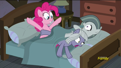 Size: 1920x1080 | Tagged: safe, screencap, limestone pie, marble pie, maud pie, pinkie pie, g4, hearthbreakers, bed, frown, grin, on side, open mouth, out of context, pie family home, screaming, smiling, wide eyes