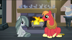 Size: 1920x1080 | Tagged: safe, screencap, big macintosh, marble pie, earth pony, pony, g4, hearthbreakers, cute, discovery family logo, duo, eye contact, female, fireplace, grin, looking back, male, mare, open mouth, pie family home, possible cousin incest, possibly cousins, raised hoof, ship:marblemac, shipping, shipping fuel, shy, sitting, smiling, stallion, straight, weird rock
