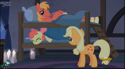 Size: 1284x716 | Tagged: safe, edit, edited screencap, screencap, apple bloom, applejack, big macintosh, earth pony, pony, g4, hearthbreakers, bed, bunk bed, discovery family logo, furniture abuse, male, pie family home, pillow, stallion