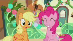 Size: 500x281 | Tagged: safe, screencap, applejack, lemon hearts, pinkie pie, earth pony, pony, unicorn, g4, hearthbreakers, animated, discovery family, discovery family logo, female, laughing, logo, magic, mare, newspaper, nose in the air, open mouth, talking, telekinesis, volumetric mouth