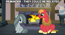 Size: 717x395 | Tagged: safe, edit, edited screencap, screencap, big macintosh, marble pie, earth pony, pony, g4, hearthbreakers, discovery family, discovery family logo, duo, female, fireplace, image macro, male, mare, meme, pie family home, possible cousin incest, possibly cousins, pseudoincest, religion in the comments, rock doll, ship:marblemac, shipping, shipping fuel, stallion, straight, weird rock