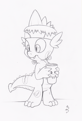 Size: 2726x4029 | Tagged: safe, artist:dfectivedvice, spike, g4, clothes, costume, frankenstein's monster, grayscale, holding, male, monochrome, nightmare night costume, sketch, solo, traditional art