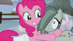 Size: 500x281 | Tagged: safe, screencap, marble pie, pinkie pie, earth pony, pony, g4, hearthbreakers, animated, blushing, boop, cute, diapinkes, discovery family, discovery family logo, duo, eye contact, female, floppy ears, frown, gritted teeth, hair over one eye, hug, marblebetes, nodding, noseboop, pie twins, raised hoof, saddle bag, smiling, squishy cheeks, talking, twins, wide eyes