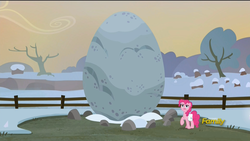 Size: 1920x1080 | Tagged: safe, screencap, pinkie pie, earth pony, pony, g4, hearthbreakers, boulder, female, fence, frown, holder's boulder, holder's new boulder meme, mare, meme origin, open mouth, raised hoof, saddle bag, snow, solo, tree, winter