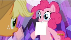 Size: 1280x720 | Tagged: safe, edit, edited screencap, screencap, applejack, pinkie pie, g4, hearthbreakers, exploitable, frown, grin, mouth hold, open mouth, smiling, template, the pie's paper meme, wide eyes