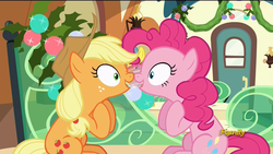Size: 1920x1080 | Tagged: safe, screencap, applejack, pinkie pie, g4, hearthbreakers, boop, eye contact, nose wrinkle, noseboop, open mouth, shipping fuel, sitting, smiling, wat, wide eyes