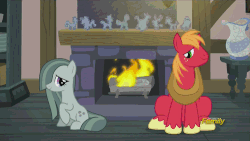 Size: 500x281 | Tagged: safe, screencap, big macintosh, marble pie, pinkie pie, earth pony, pony, g4, hearthbreakers, animated, blushing, c:, discovery family, discovery family logo, eye contact, fireplace, floppy ears, frown, hair over one eye, hug, male, pie family home, pie twins, raised hoof, rock doll, shipper on deck, shipping fuel, sisters, smiling, stallion, talking, twins, weird rock, wide eyes