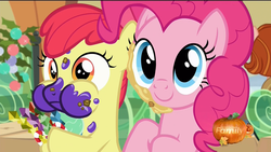 Size: 1920x1080 | Tagged: safe, screencap, apple bloom, pinkie pie, g4, hearthbreakers, messy, messy eating, puffy cheeks