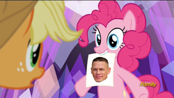 Size: 1280x720 | Tagged: safe, edit, edited screencap, screencap, applejack, pinkie pie, g4, hearthbreakers, female, john cena, mouth hold, solo, the pie's paper meme, wwe