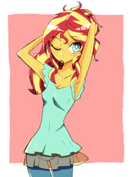 Size: 670x900 | Tagged: safe, artist:hirosi41, sunset shimmer, equestria girls, g4, armpits, female, hairband, mouth hold, one eye closed, pixiv, solo