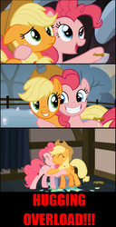 Size: 748x1463 | Tagged: safe, edit, edited screencap, screencap, applejack, pinkie pie, g4, hearthbreakers, collage, cute, eye contact, eyes closed, floppy ears, friendshipping, frown, grin, hug, open mouth, pointing, raised hoof, smiling, squee