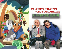 Size: 540x432 | Tagged: safe, edit, edited screencap, screencap, earth pony, human, pony, g4, hearthbreakers, background pony, clothes, coat, comparison, cropped, del griffith, duo, facial hair, jacket, john candy, male, moustache, neal page, neighl page, planes trains and automobiles, ponified, reference, stallion, steve martin, unnamed character, unnamed pony