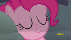 Size: 500x281 | Tagged: safe, screencap, pinkie pie, earth pony, pony, g4, hearthbreakers, season 5, animated, c:, discovery family, discovery family logo, eyes closed, female, gif, grin, mare, sleeping, smiling, solo, squee, waking up
