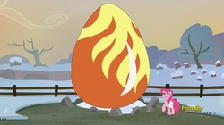 Size: 1912x1067 | Tagged: safe, edit, edited screencap, screencap, pinkie pie, earth pony, pony, g4, hearthbreakers, my little pony: friendship is magic, discovery family logo, egg, female, holder's boulder, holder's new boulder meme, mare, phoenix egg, raised hoof, saddle bag, snow, solo, tree, winter