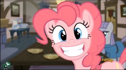 Size: 1280x716 | Tagged: safe, screencap, maud pie, pinkie pie, g4, hearthbreakers, my little pony: friendship is magic, discovery family logo, grin, pie family home, smiling