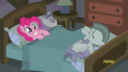 Size: 500x281 | Tagged: safe, screencap, apple bloom, big macintosh, cloudy quartz, granny smith, igneous rock pie, limestone pie, marble pie, maud pie, pinkie pie, earth pony, pony, g4, hearthbreakers, animated, bed, bunk bed, confetti, discovery family, discovery family logo, false teeth, family, female, male, mare, married couple, pie family, pie family home, pie sisters, pillow, ship:quartzrock, siblings, sisters, sleeping, stallion, startled, twins, wake up