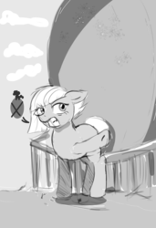 Size: 2400x3500 | Tagged: safe, artist:mrscurlystyles, limestone pie, g4, hearthbreakers, angry, doodle, female, floppy ears, glare, grayscale, gritted teeth, high res, holder's boulder, implied pinkie pie, monochrome, pointing, rock, solo, that was fast, underhoof