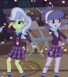 Size: 631x715 | Tagged: safe, screencap, carlos thunderbolt, micro chips, suri polomare, upper crust, equestria girls, g4, my little pony equestria girls: friendship games, animated, ascot, clothes, confetti, crystal prep academy uniform, dancing, duo, duo female, ear piercing, earring, female, gif, jewelry, legs, offscreen character, piercing, plaid skirt, pleated skirt, scarf, school uniform, skirt, socks