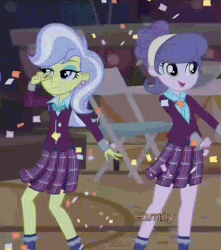Size: 631x715 | Tagged: safe, screencap, carlos thunderbolt, micro chips, suri polomare, upper crust, equestria girls, g4, my little pony equestria girls: friendship games, animated, clothes, crystal prep academy uniform, dancing, duo, duo female, ear piercing, earring, female, jewelry, offscreen character, piercing, plaid skirt, pleated skirt, school uniform, skirt
