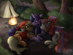 Size: 2400x1800 | Tagged: safe, artist:monnarcha, applejack, moondancer, twilight sparkle, alicorn, pony, g4, backwards cutie mark, campfire, camping, clothes, commission, female, fire, forest, lesbian, looking at each other, mare, one eye closed, scrunchy face, ship:twijack, shipping, signature, sweater, tent, trio, twilight sparkle (alicorn)