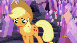 Size: 1279x717 | Tagged: safe, screencap, applejack, pinkie pie, g4, hearthbreakers, crying, discovery family logo, floppy ears, looking down, sad, teary eyes, unhapplejack