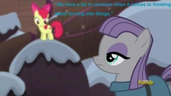 Size: 2048x1148 | Tagged: safe, edit, edited screencap, screencap, apple bloom, maud pie, earth pony, pony, g4, hearthbreakers, blue text, caption, dialogue, discovery family logo, duo, female, filly, foal, mare, outdoors, text