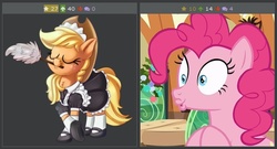 Size: 517x279 | Tagged: safe, screencap, applejack, pinkie pie, derpibooru, g4, hearthbreakers, my little pony: friendship is magic, clothes, exploitable meme, juxtaposition, juxtaposition win, maid, meme, meta