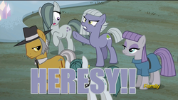 Size: 1920x1080 | Tagged: safe, edit, edited screencap, screencap, cloudy quartz, igneous rock pie, limestone pie, marble pie, maud pie, earth pony, pony, g4, hearthbreakers, angry, female, frown, glare, gritted teeth, heresy, image macro, male, mare, meme, open mouth, pie family, pointing, ship:quartzrock, stallion, wide eyes