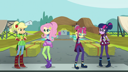 Size: 1280x720 | Tagged: safe, screencap, applejack, fluttershy, sci-twi, sour sweet, twilight sparkle, equestria girls, g4, my little pony equestria girls: friendship games, archery, armpits, female