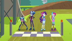 Size: 1280x720 | Tagged: safe, screencap, lemon zest, pinkie pie, rarity, sunny flare, equestria girls, g4, my little pony equestria girls: friendship games, friendship games outfit, friendship games speedskating outfit, roller derby, roller skates, rollerblades, speed skating, speedskating outfit, sporty style, tri-cross relay outfit