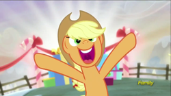 Size: 853x478 | Tagged: safe, screencap, applejack, earth pony, pony, g4, hearthbreakers, applejack's hat, bipedal, cowboy hat, cute, female, happy, hat, jackabetes, mare, open mouth, present, smiling, solo