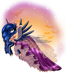 Size: 1288x1432 | Tagged: safe, artist:tiffanymarsou, princess luna, g4, clothes, dress, female, flying, solo, wink