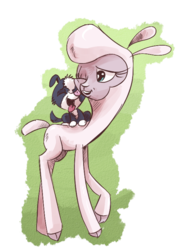 Size: 528x729 | Tagged: safe, artist:saturdaymorningproj, pom (tfh), dog, lamb, sheep, them's fightin' herds, adorapom, community related, cute, female, nuzzling, open mouth, puppy, raised hoof, riding, simple background, smiling, solo, tongue out, transparent background, wink