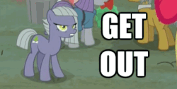 Size: 364x184 | Tagged: safe, edit, edited screencap, screencap, igneous rock pie, limestone pie, maud pie, g4, hearthbreakers, angry, animated, caption, frown, get out, glare, gritted teeth, gtfo, image macro, meme, pointing, reaction image