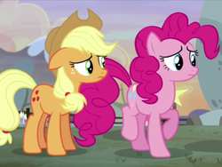 Size: 633x475 | Tagged: safe, screencap, applejack, pinkie pie, g4, hearthbreakers, floppy ears, frown, raised hoof, raised leg