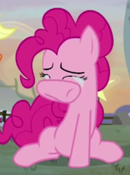 Size: 297x400 | Tagged: safe, screencap, pinkie pie, earth pony, pony, g4, hearthbreakers, cropped, crying, eyes closed, female, mare, sad, sitting, solo, underhoof