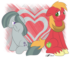 Size: 2313x1856 | Tagged: safe, artist:icy wings, big macintosh, marble pie, earth pony, pony, g4, hearthbreakers, blushing, floppy ears, hair over one eye, heart, holding tails, looking back, male, ship:marblemac, shipping, shy, simple background, sitting, smiling, stallion, straight, that was fast, transparent background