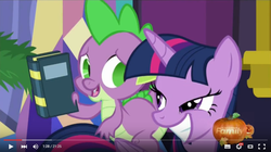 Size: 853x477 | Tagged: safe, screencap, spike, twilight sparkle, alicorn, dragon, pony, g4, hearthbreakers, bedroom eyes, book, context is for the weak, discovery family logo, dragons riding ponies, female, mare, pumpkin, riding, spike riding twilight, twilight sparkle (alicorn), youtube