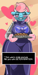 Size: 1200x2335 | Tagged: safe, artist:arnachy, cup cake, earth pony, anthro, g4, breasts, busty cup cake, clothes, costume, crossover, cute, eyes closed, female, grin, pie, smiling, solo, toriel, undertale
